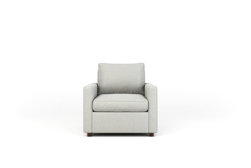 Gray loveseat/armchair matching the single chair from front view, clean lines and wooden feet.